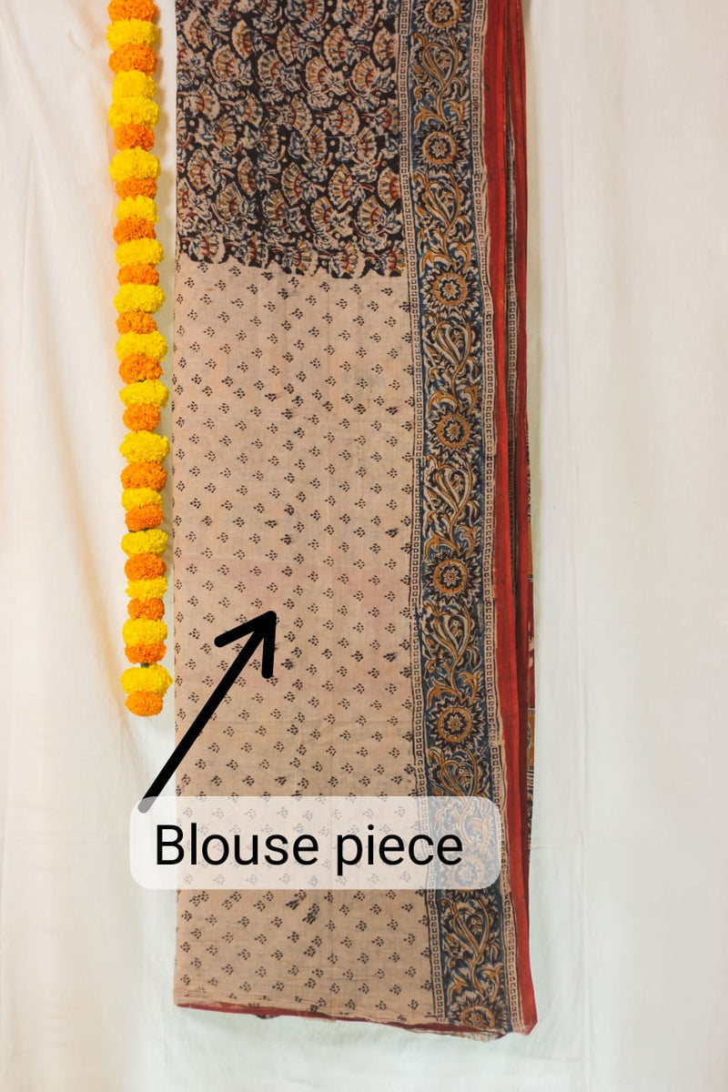 Mul Cotton Block Printed Saree Kalamkari Moonlit Florals-8