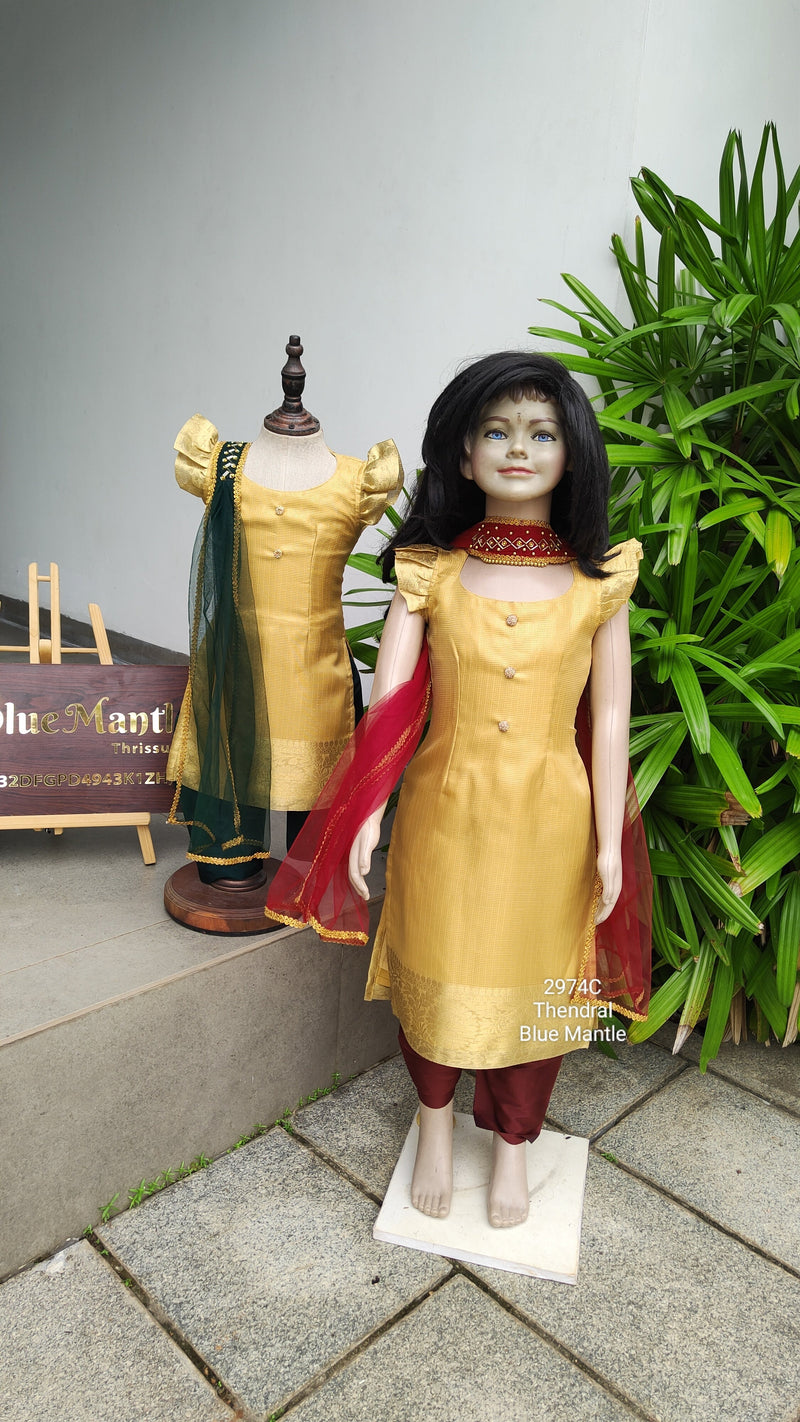 2974C: "Thendral" Golden & Maroon Churidar- Sending in 4-6 days