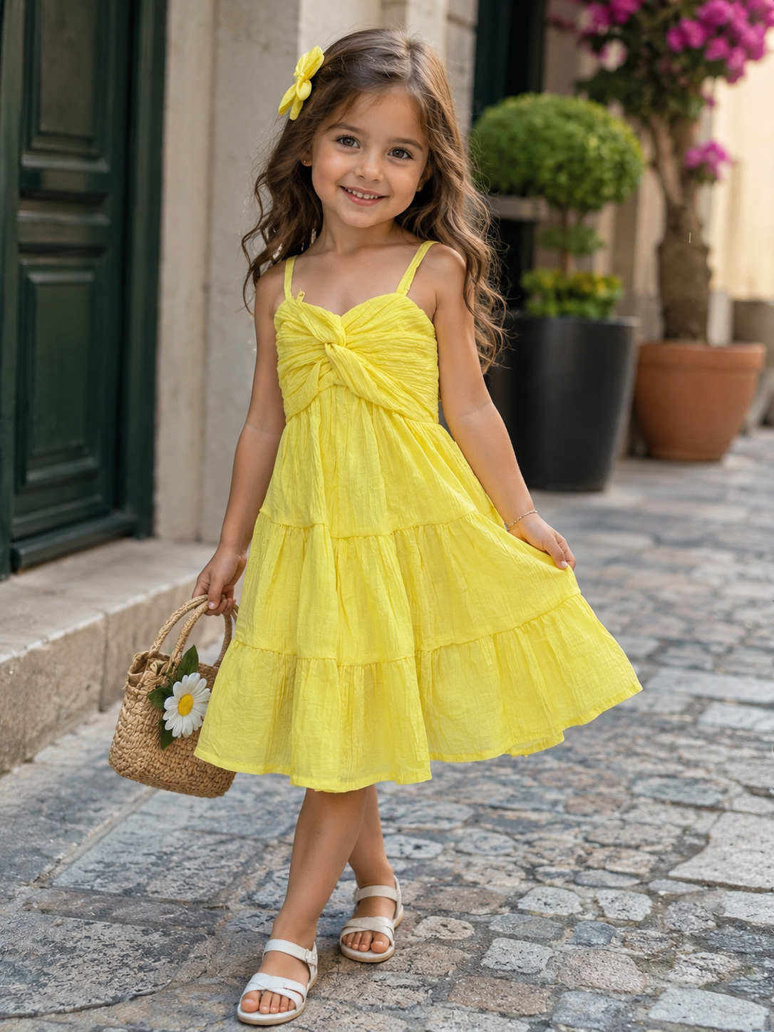 Girl's Summer Yellow Spaghetti Onepice [GD-5B-7811] (4-12Years)