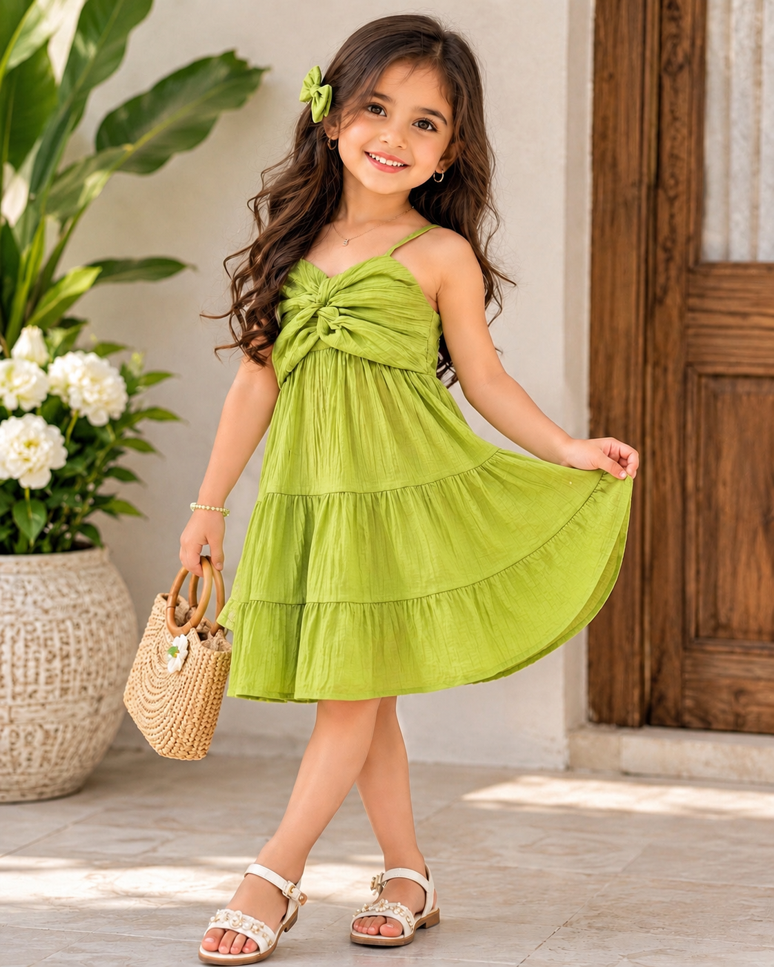 Girl's Summer Green Spaghetti Onepice [GD-5B-7544] (4-12Years)