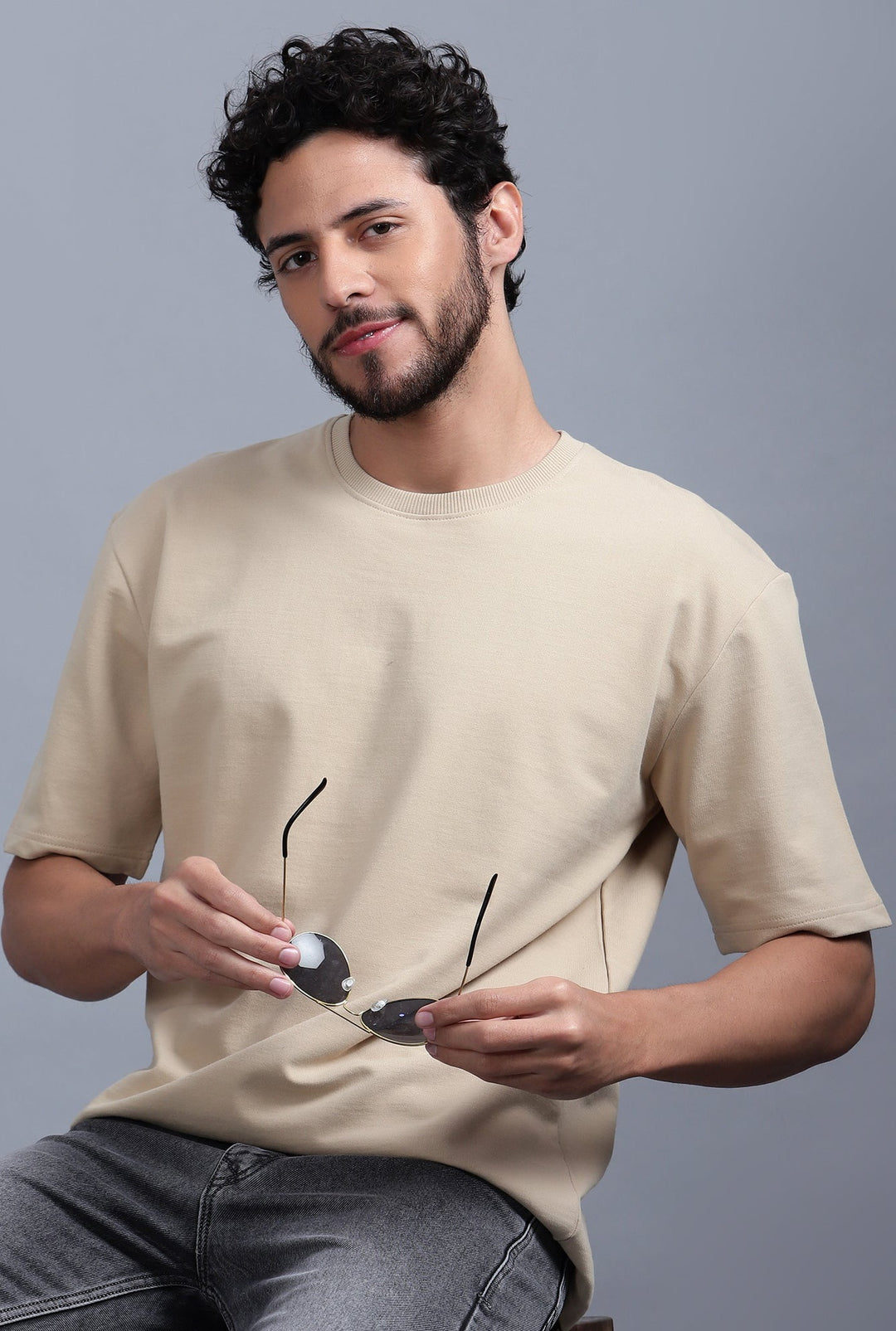 240 GSM Heavyweight Oversized Solid Pack of 4 T-Shirts Beige,Steel Grey, Off white & Black.