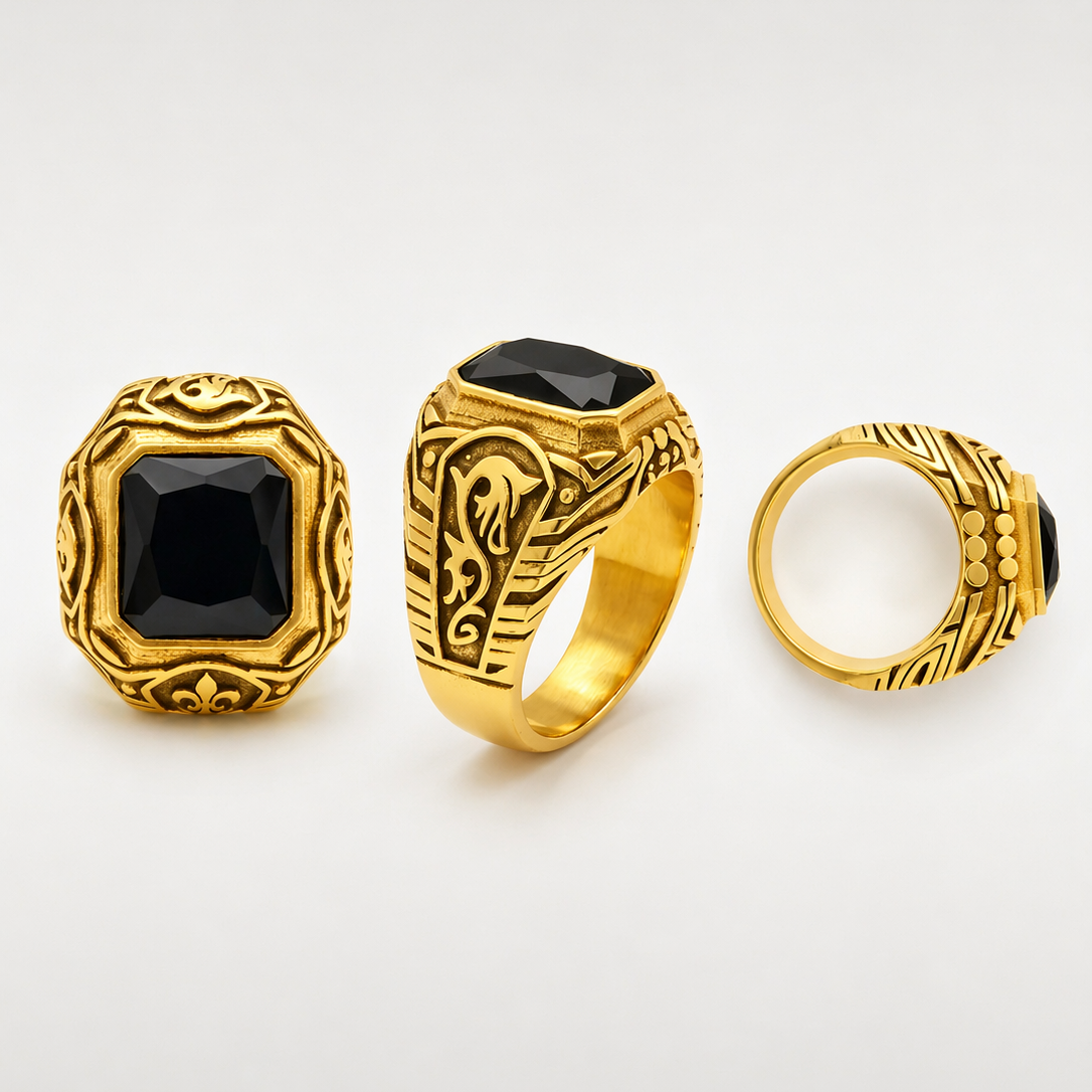 Gold Onyx Signet Ring Close Up Men Bold Design India