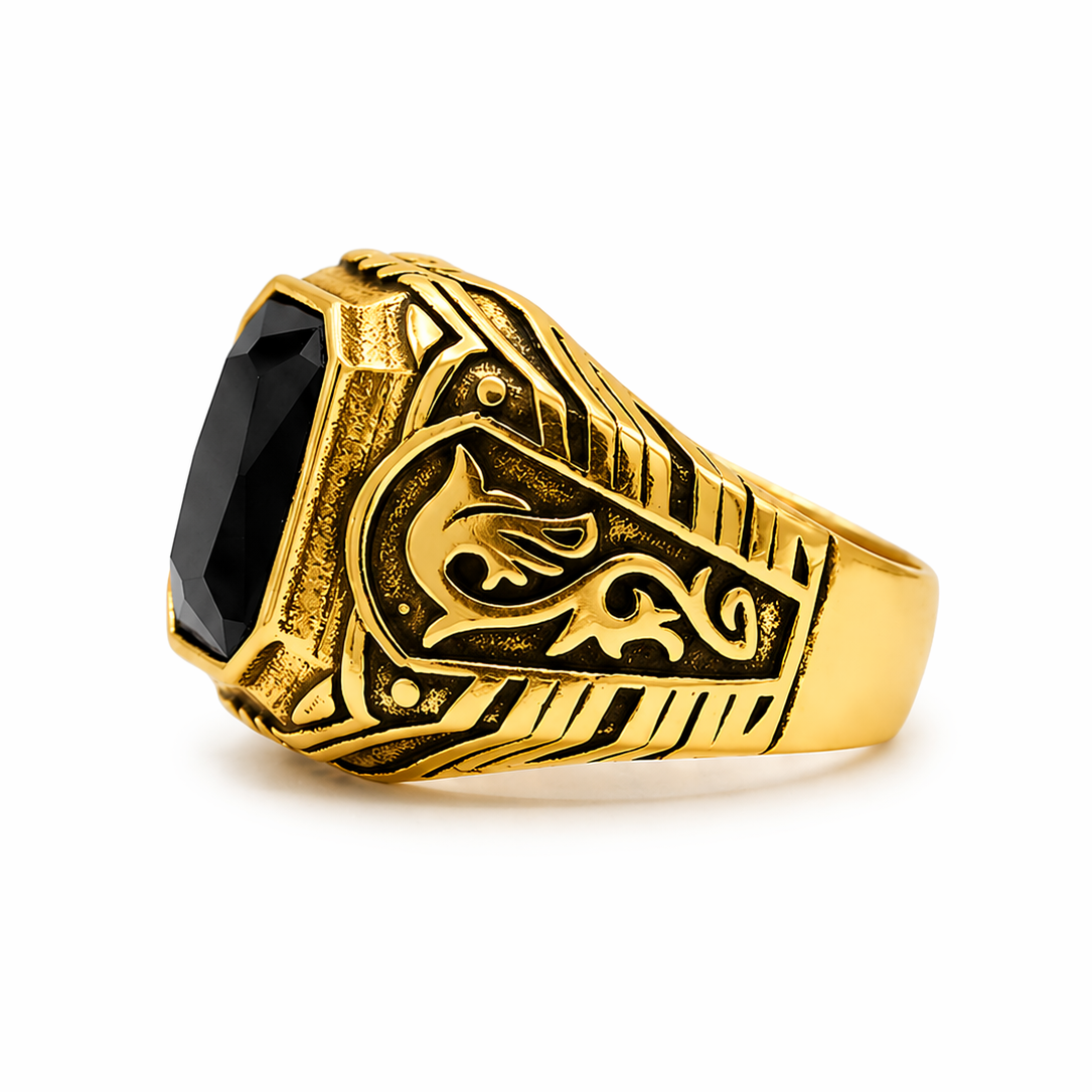 Black Onyx Signet Ring Gold Plated Men Stainless Steel India