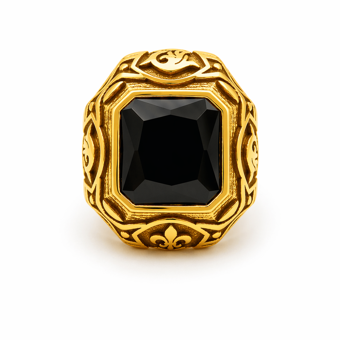 Ornate Gold Black Onyx Signet Ring Men UniqueJewels.in India