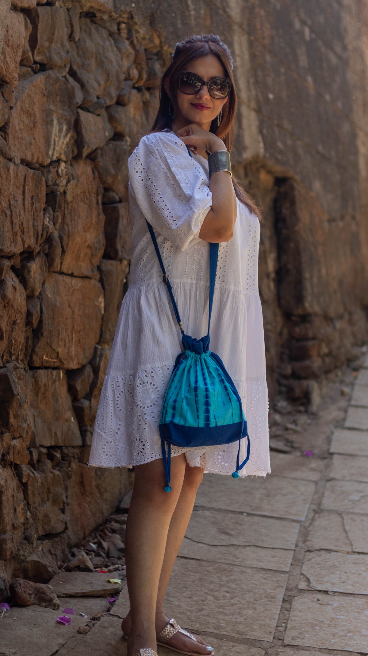 Cotton Drawstring Sling Bag • Vibrant Blue-4