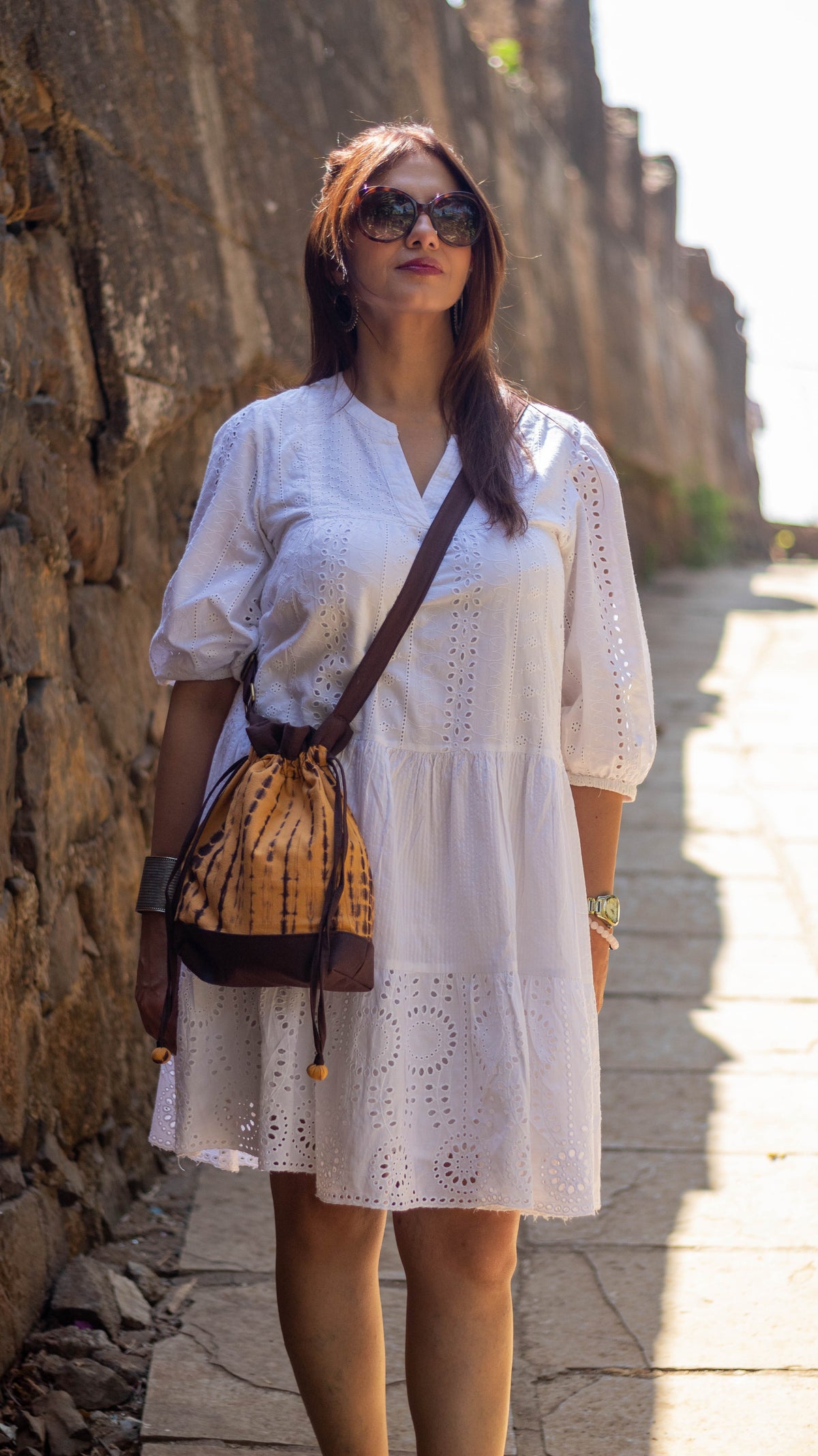 Cotton Drawstring Sling Bag • Coffee and Caramel-2