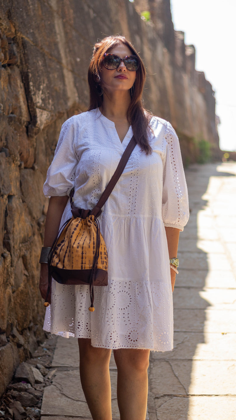 Cotton Drawstring Sling Bag • Coffee and Caramel-2