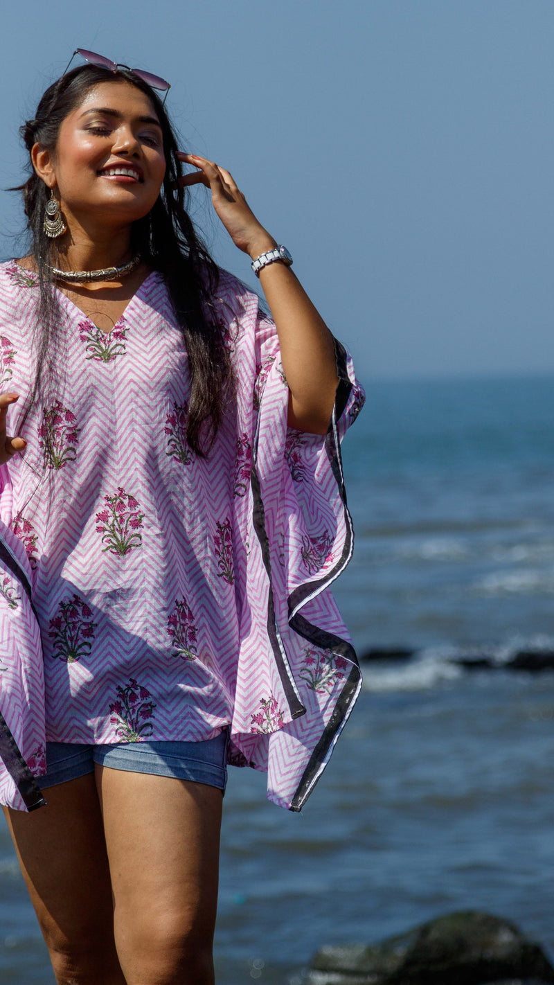 Hand Block Printed and Hand Painted Cotton Mul Kaftan · Pink Chevron-4