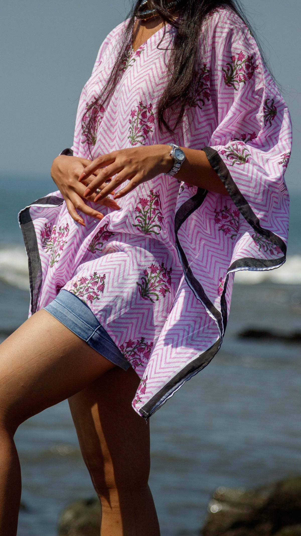Hand Block Printed and Hand Painted Cotton Mul Kaftan · Pink Chevron-5