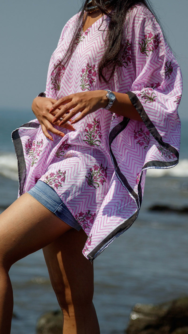 Hand Block Printed and Hand Painted Cotton Mul Kaftan · Pink Chevron-5