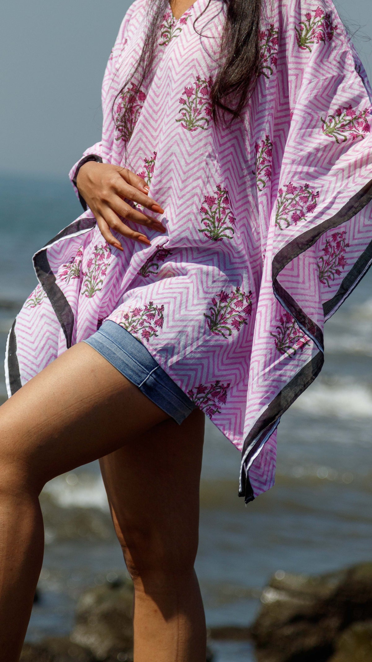 Hand Block Printed and Hand Painted Cotton Mul Kaftan · Pink Chevron-6