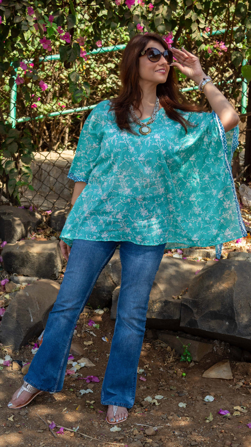 Hand Block Printed and Hand Painted Cotton Mul Kaftan · Teal Jaal-4