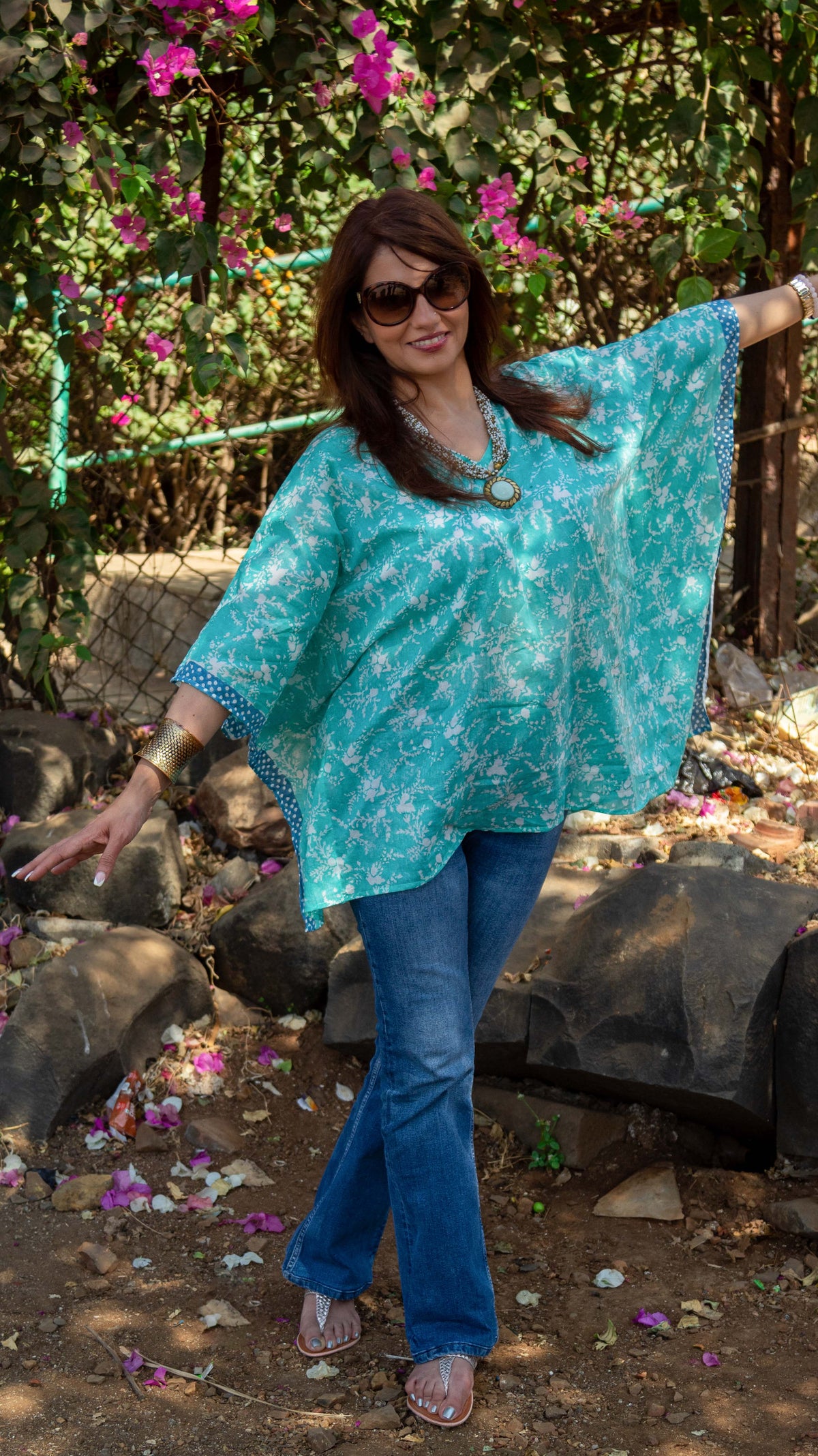 Hand Block Printed and Hand Painted Cotton Mul Kaftan · Teal Jaal-2