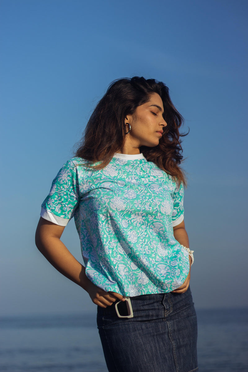 Block Printed T-shirts - Floral Teal-1
