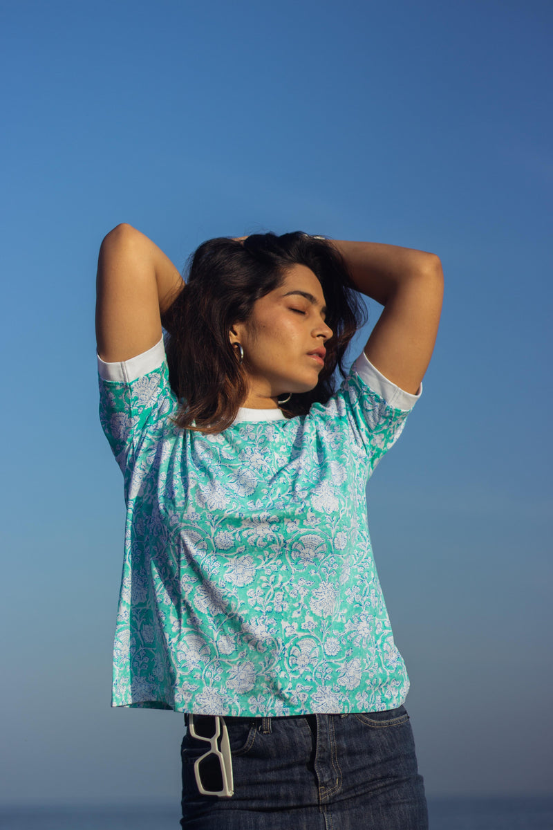 Block Printed T-shirts - Floral Teal-4