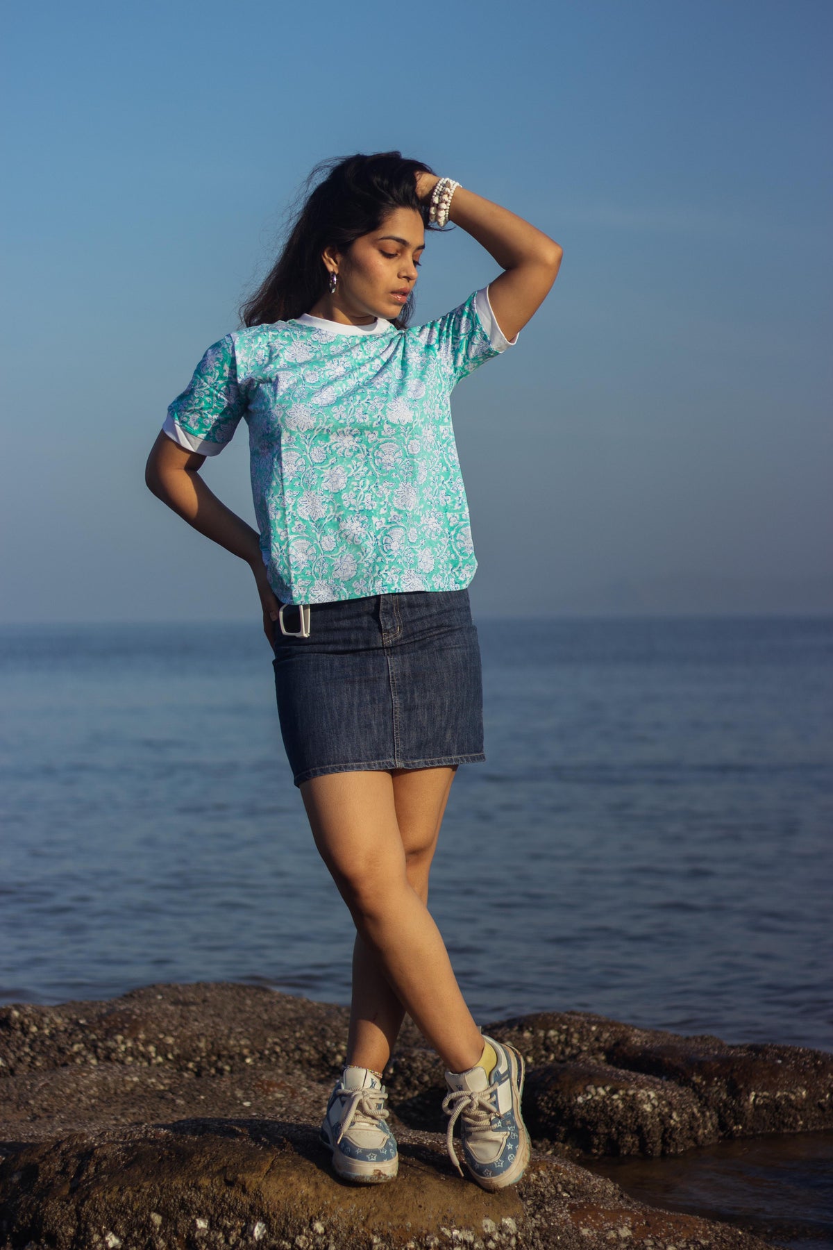 Block Printed T-shirts - Floral Teal-5