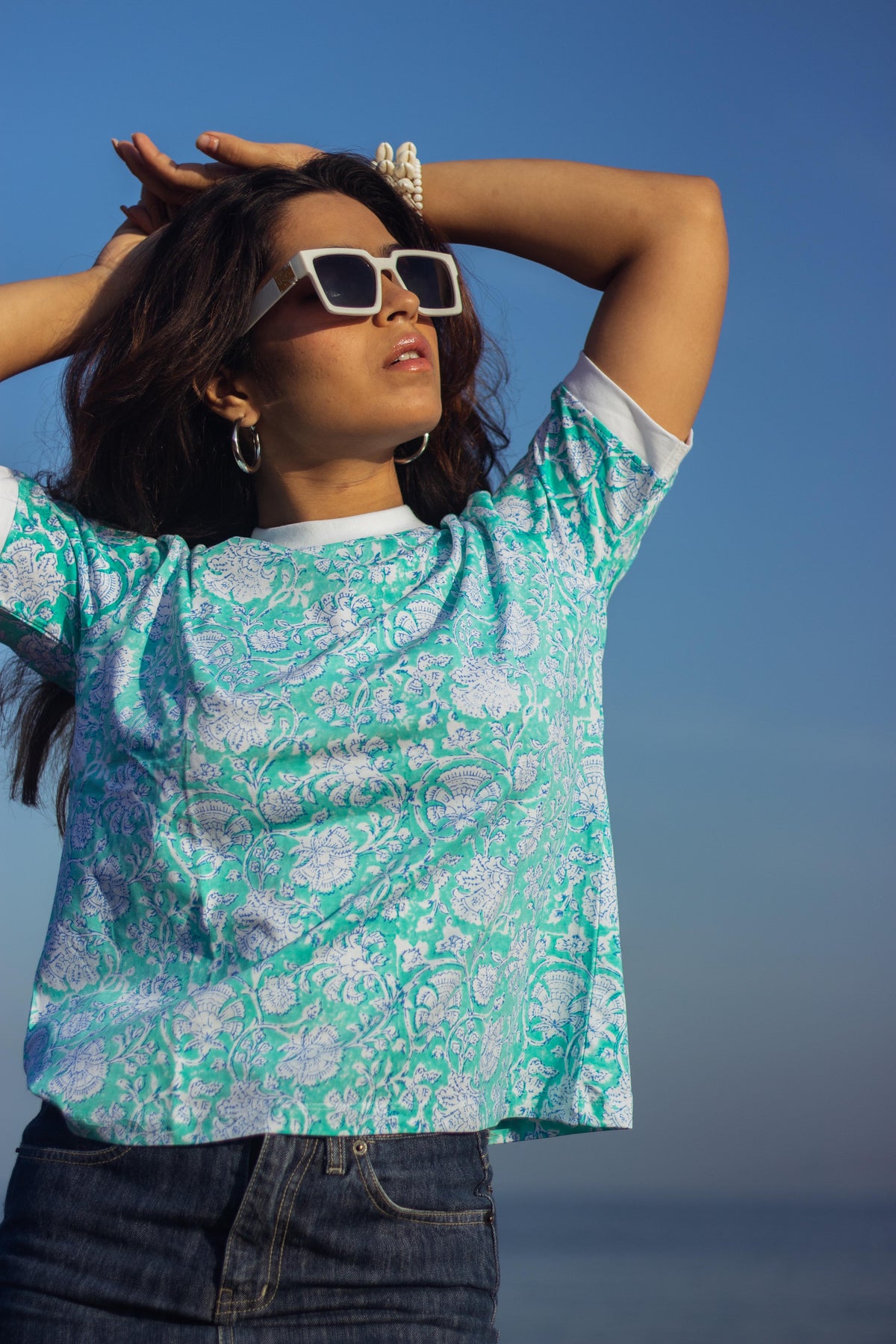 Block Printed T-shirts - Floral Teal-2