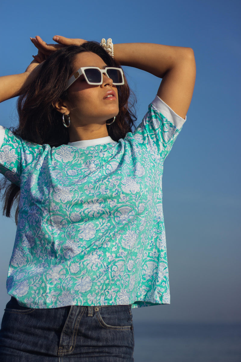 Block Printed T-shirts - Floral Teal-2