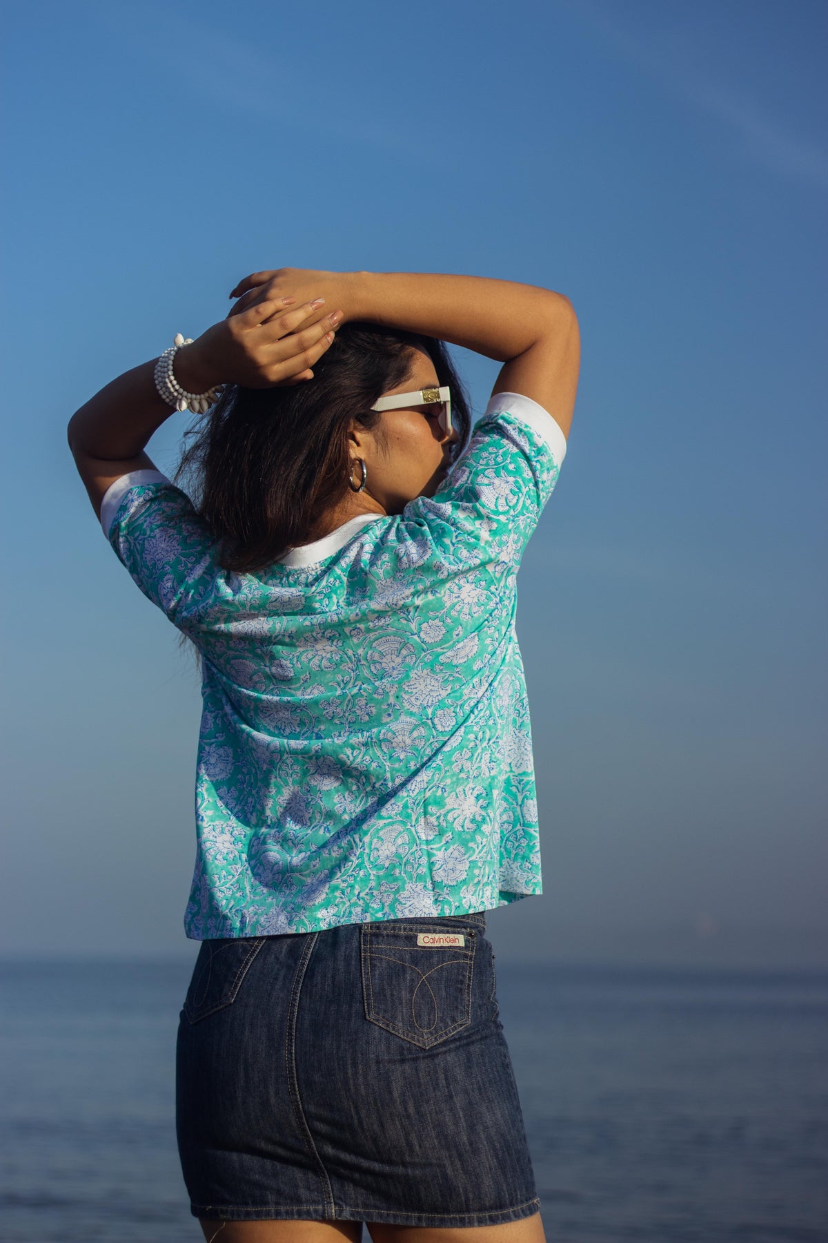 Block Printed T-shirts - Floral Teal-3