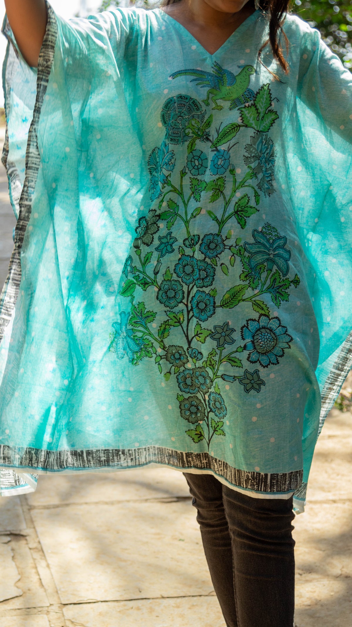 Hand Block Printed and Hand Painted Cotton Mul Kaftan · Teal Tree Of Life-7