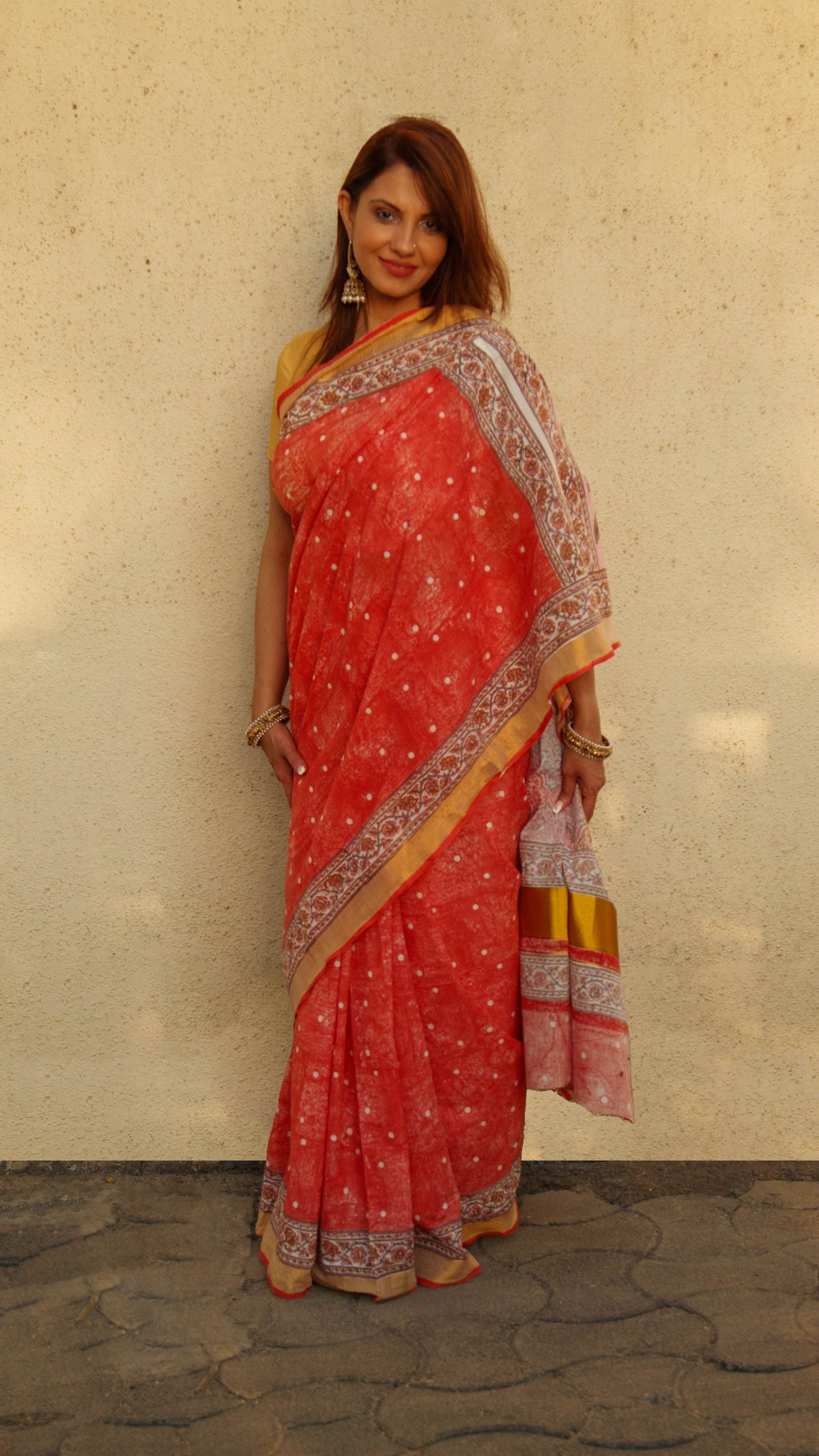 Cotton Kasavu Saree,Tree of Life Design • Coral-5