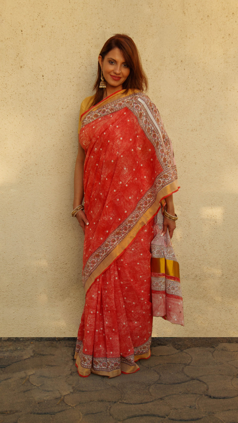 Cotton Kasavu Saree,Tree of Life Design • Coral-5
