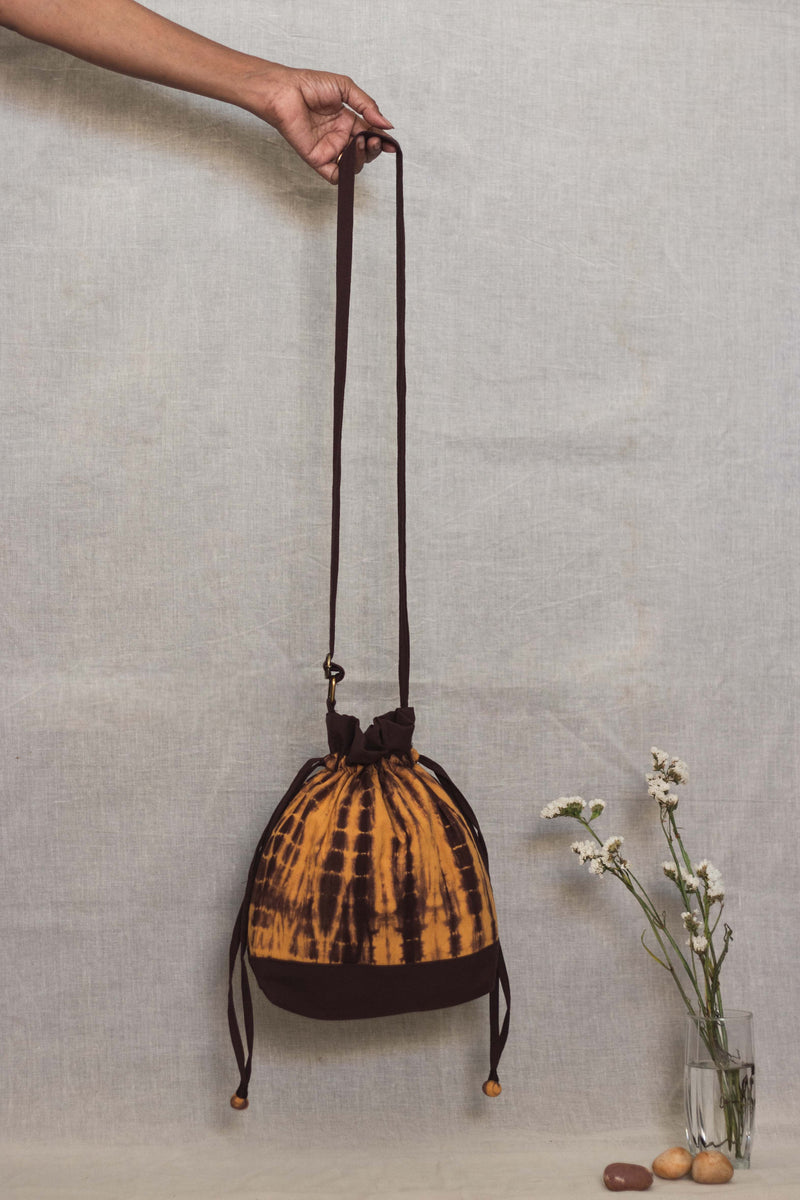 Cotton Drawstring Sling Bag • Coffee and Caramel-1