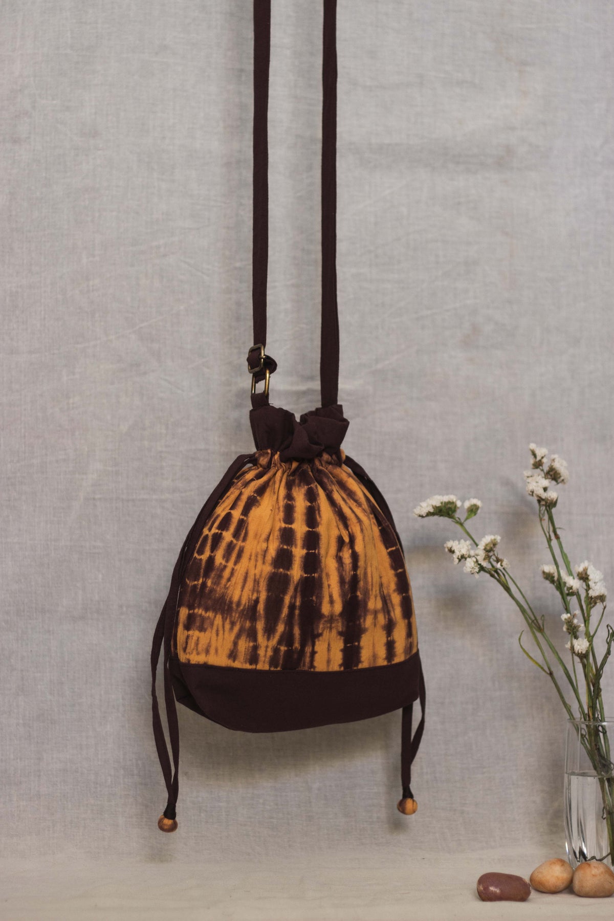 Cotton Drawstring Sling Bag • Coffee and Caramel-4