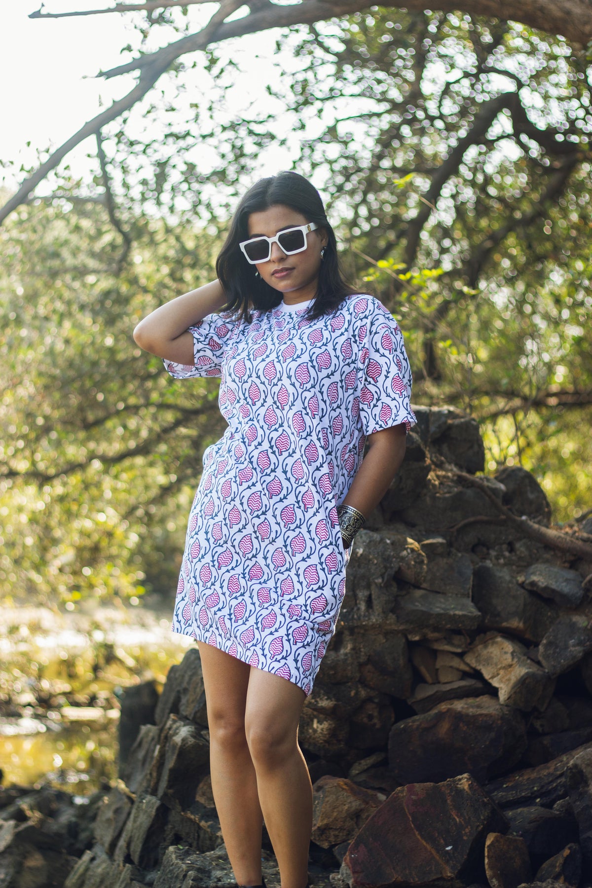 Block Printed T-shirt Dress - Ajrakh Print-1