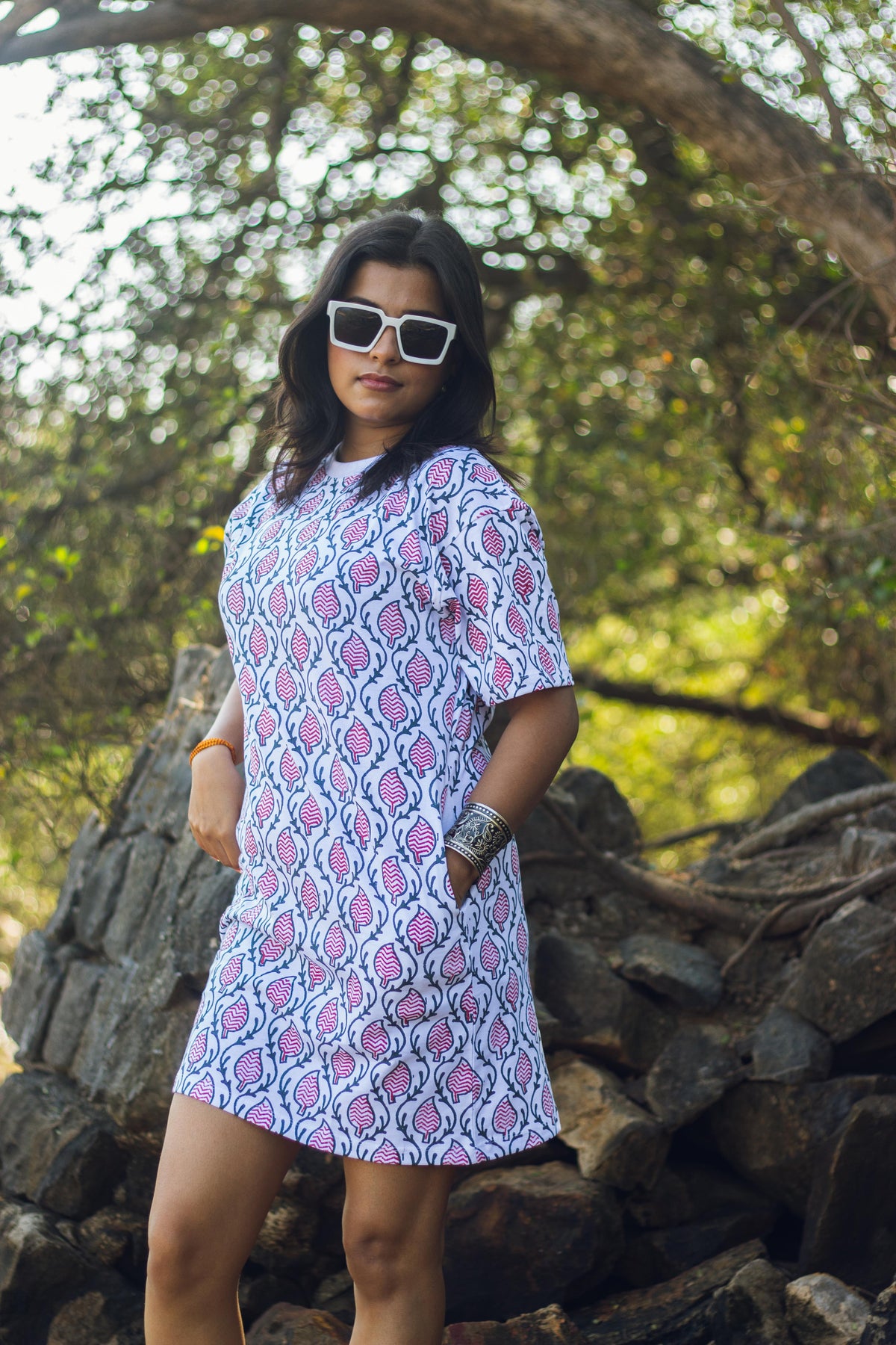 Block Printed T-shirt Dress - Ajrakh Print-4