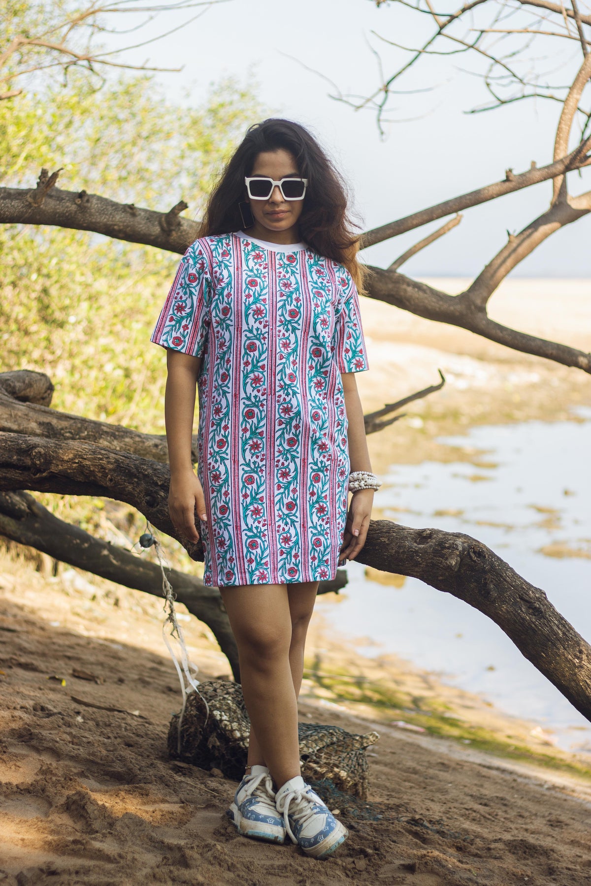 Block Printed T-shirt Dress - Floral Borders-1