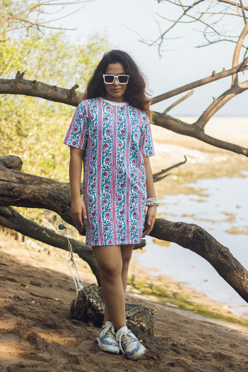 Block Printed T-shirt Dress - Floral Borders-1