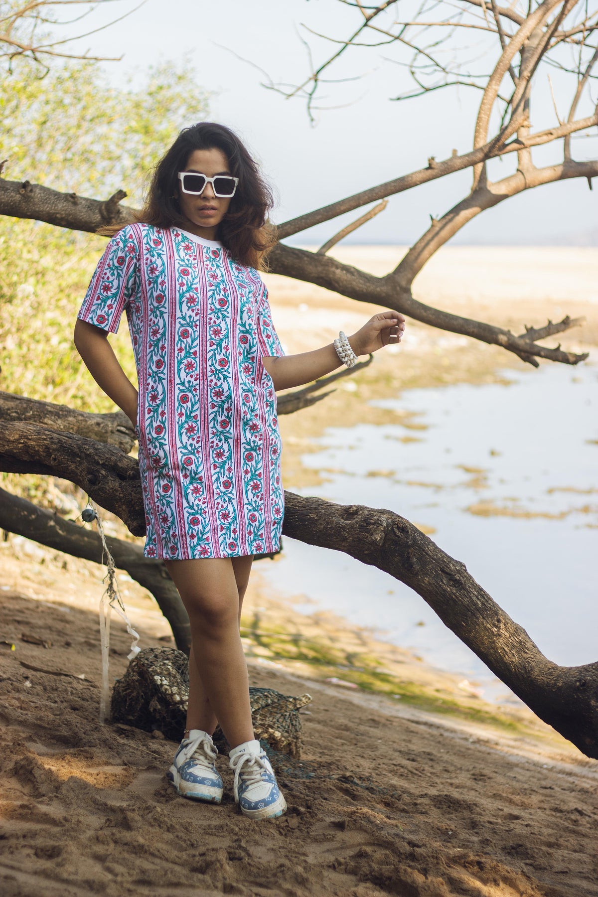 Block Printed T-shirt Dress - Floral Borders-4