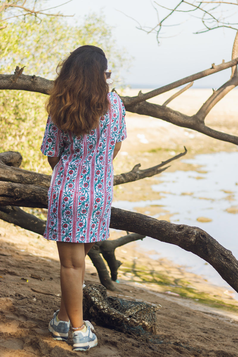 Block Printed T-shirt Dress - Floral Borders-3