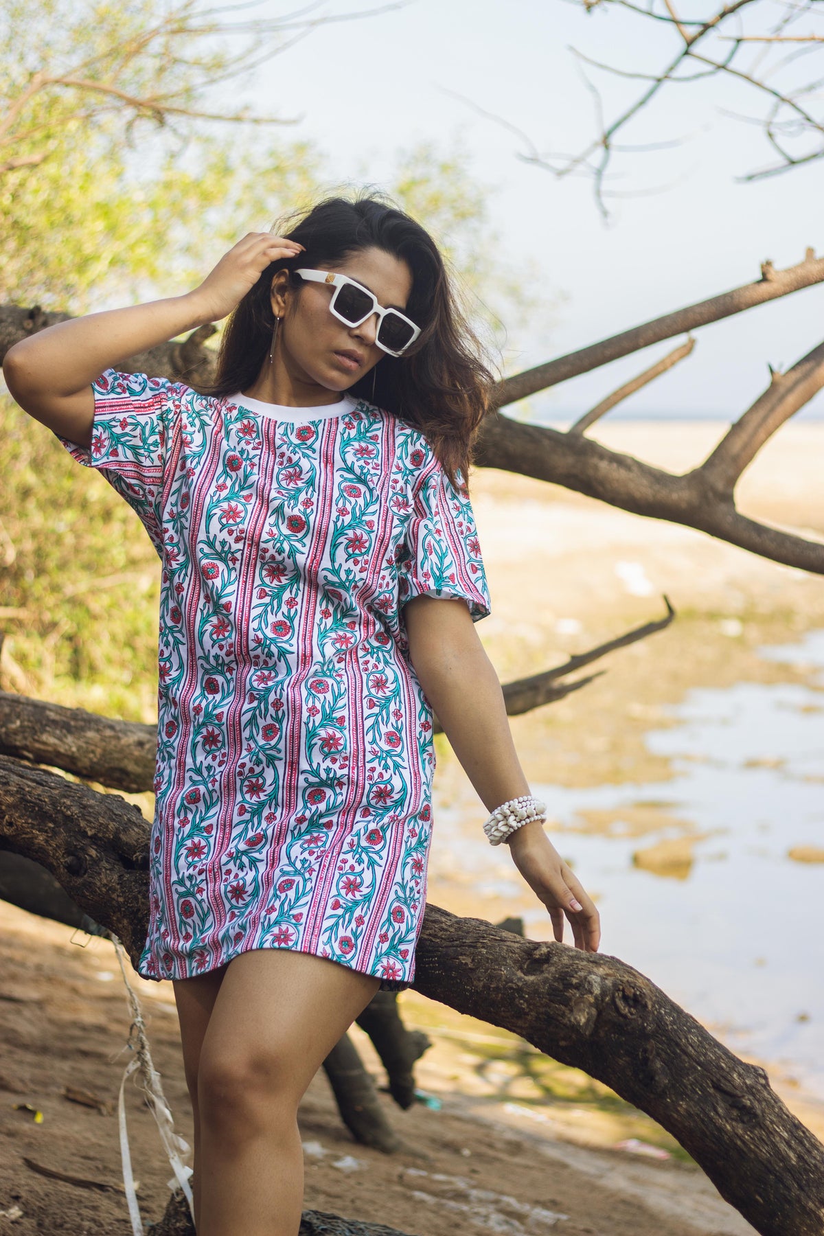 Block Printed T-shirt Dress - Floral Borders-5