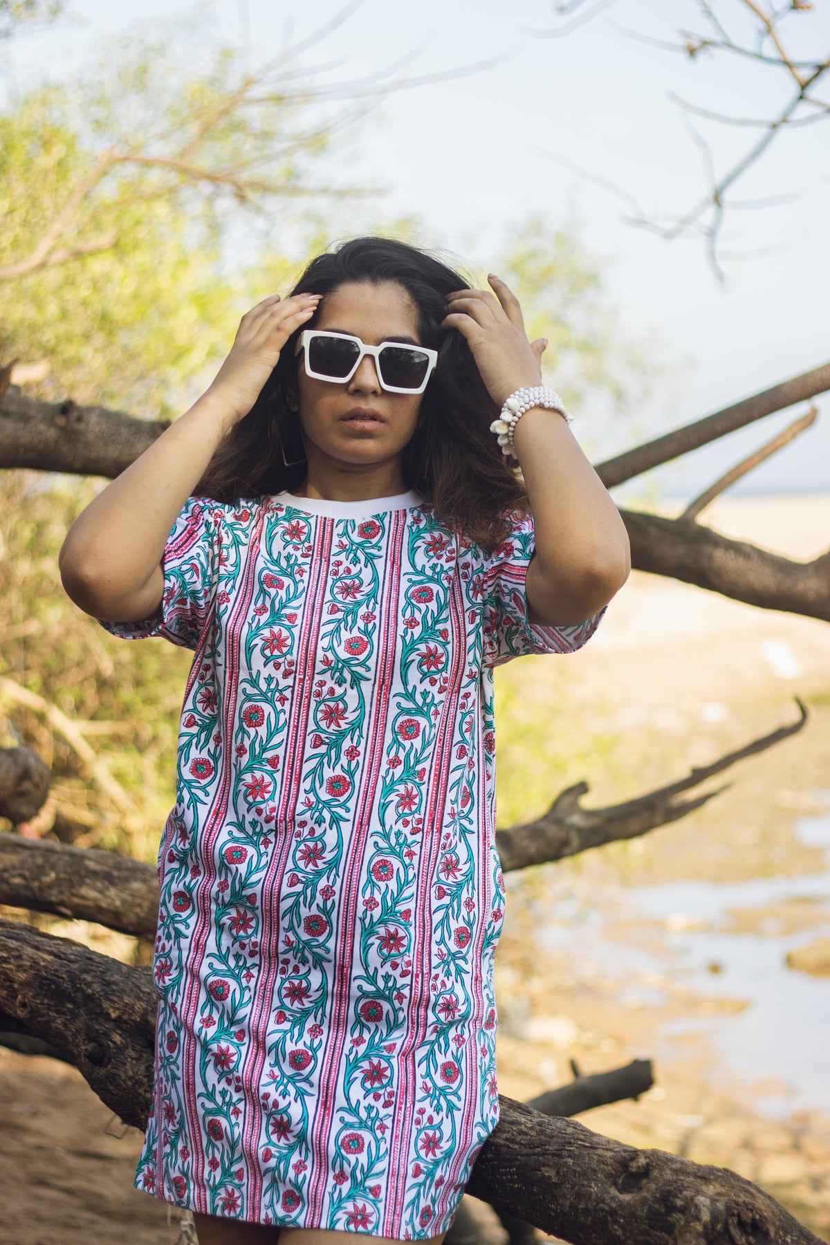Block Printed T-shirt Dress - Floral Borders-6