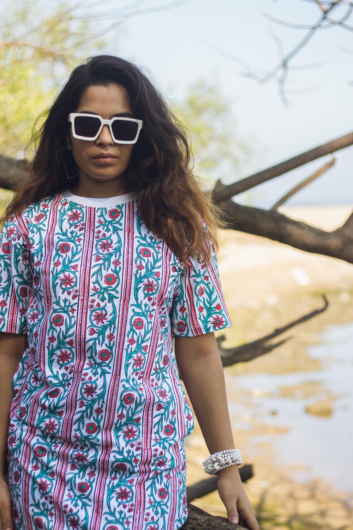 Block Printed T-shirt Dress - Floral Borders-2