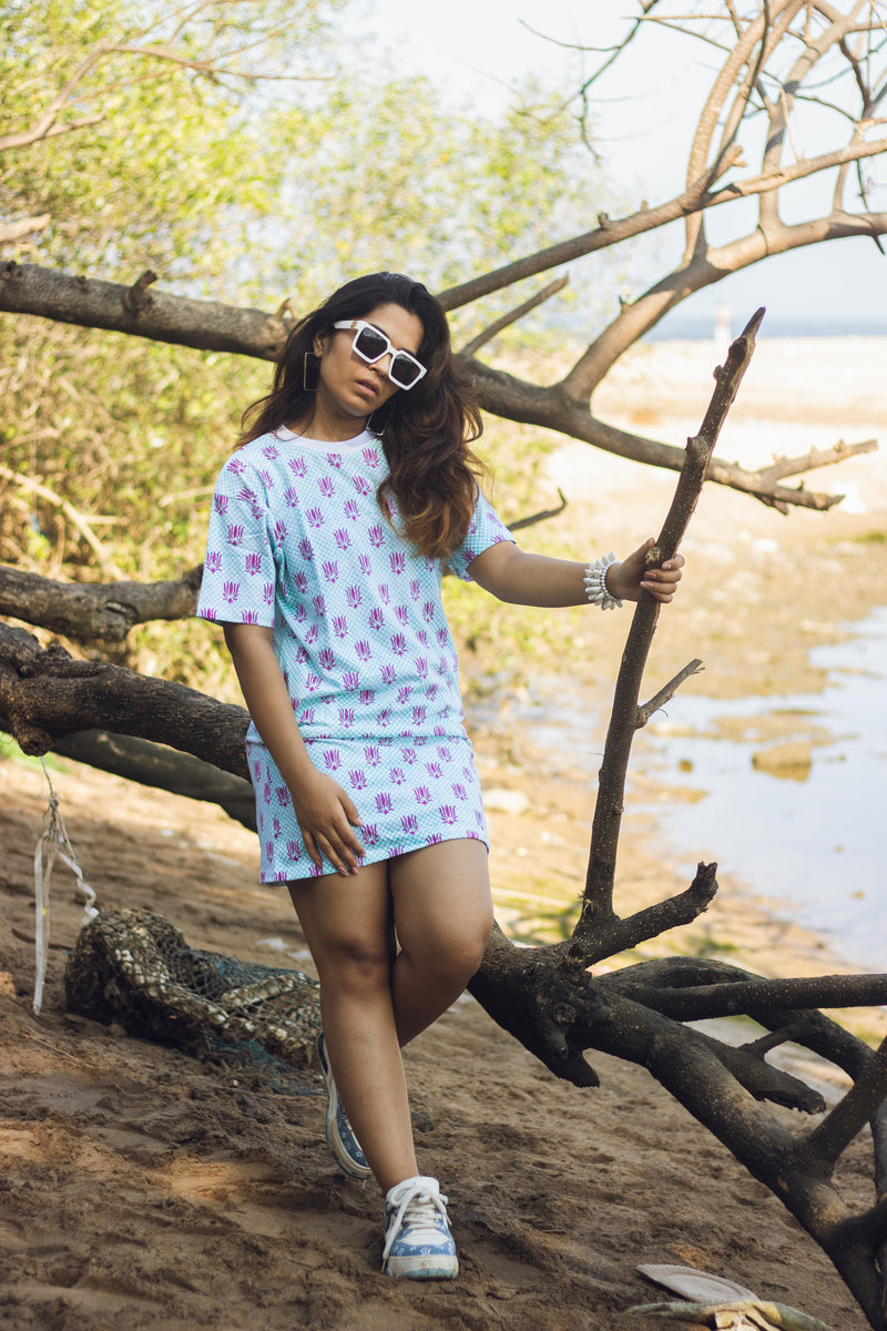 Block Printed T-shirt Dress - Lotus Checks-4