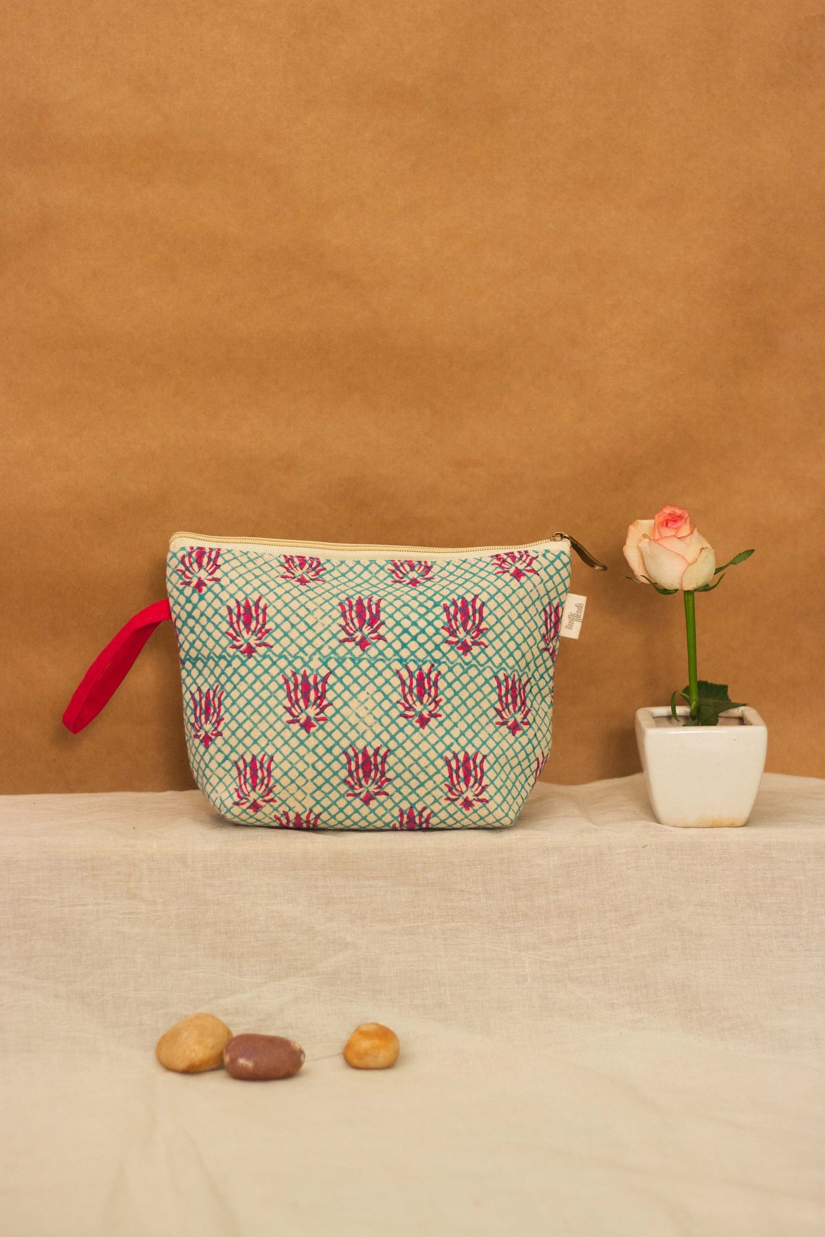 Cotton Pouch • Teal and Pink • Lotus Motif-1