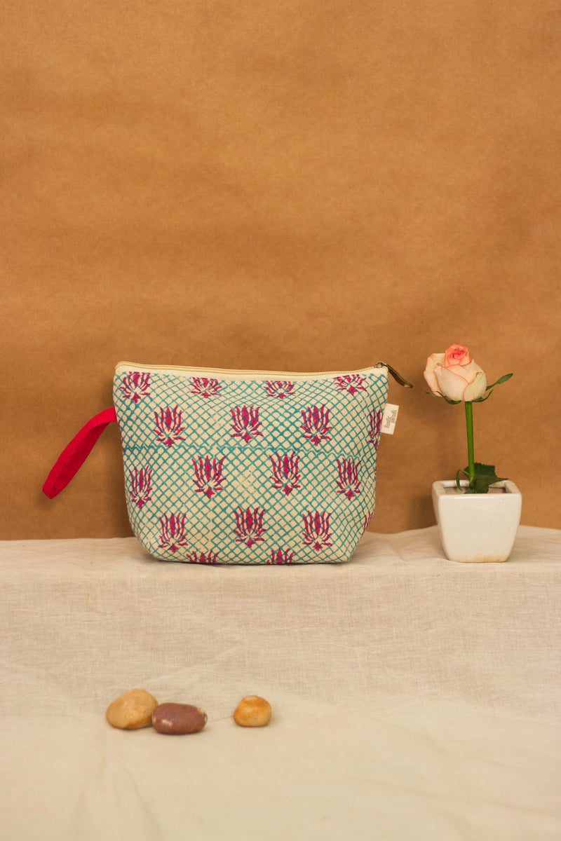 Cotton Pouch • Teal and Pink • Lotus Motif-1