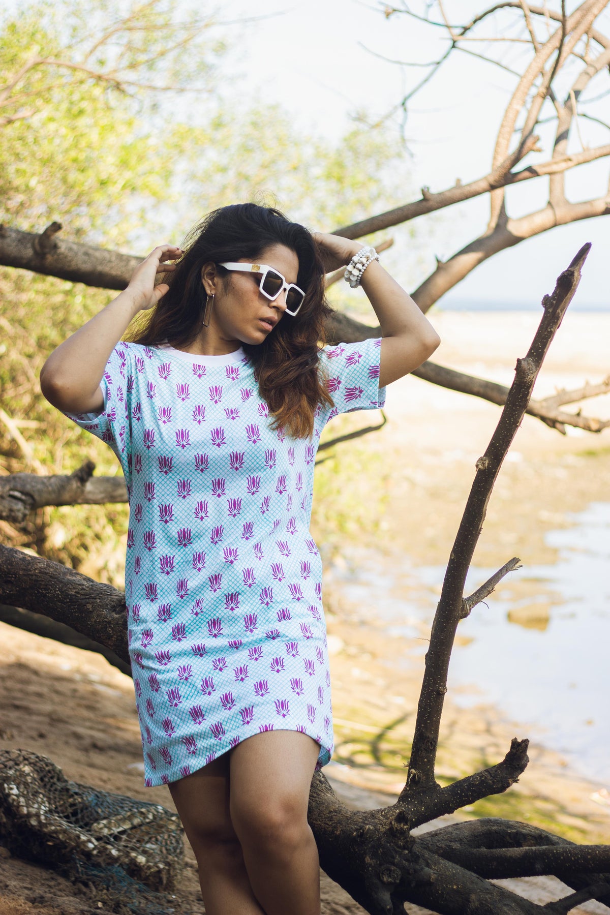 Block Printed T-shirt Dress - Lotus Checks-5