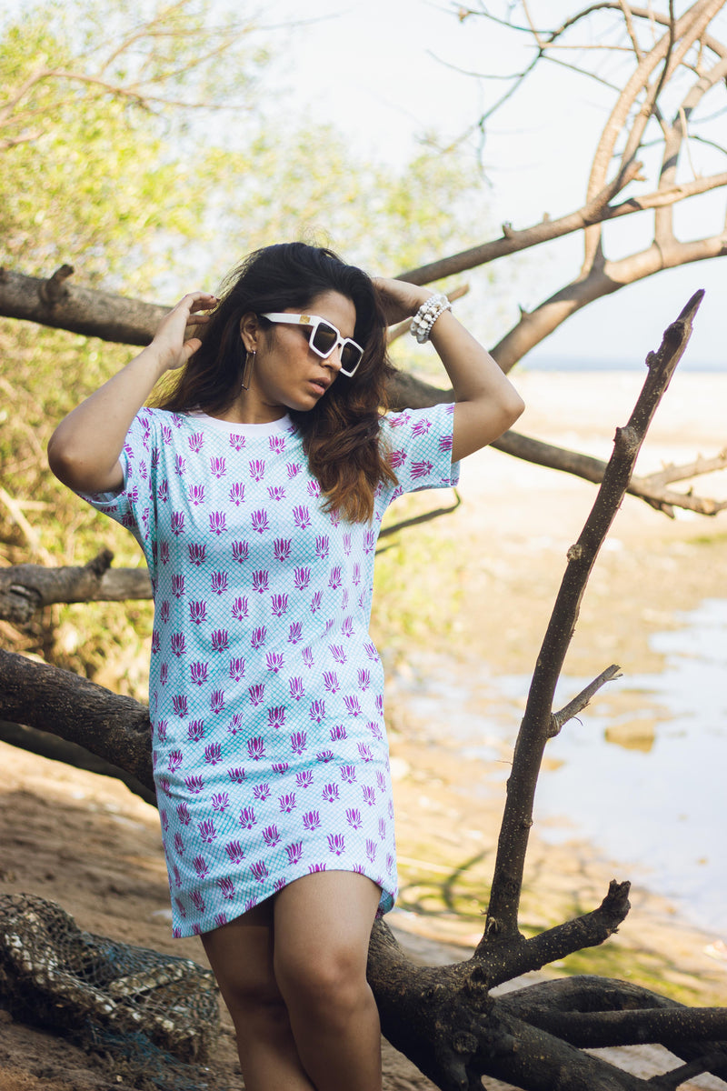 Block Printed T-shirt Dress - Lotus Checks-5