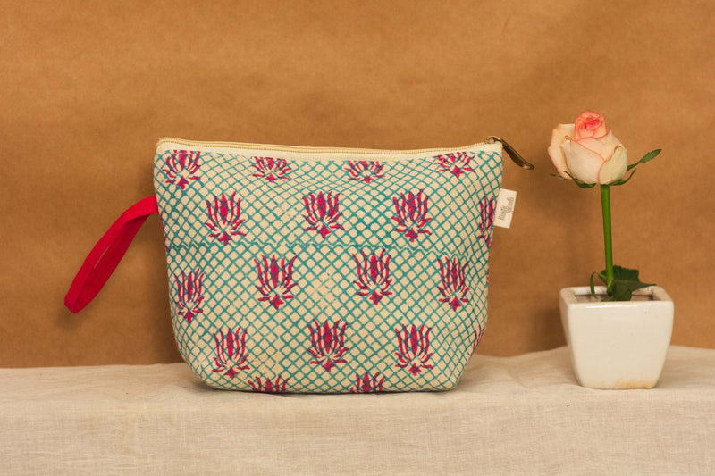Cotton Pouch • Teal and Pink • Lotus Motif-2