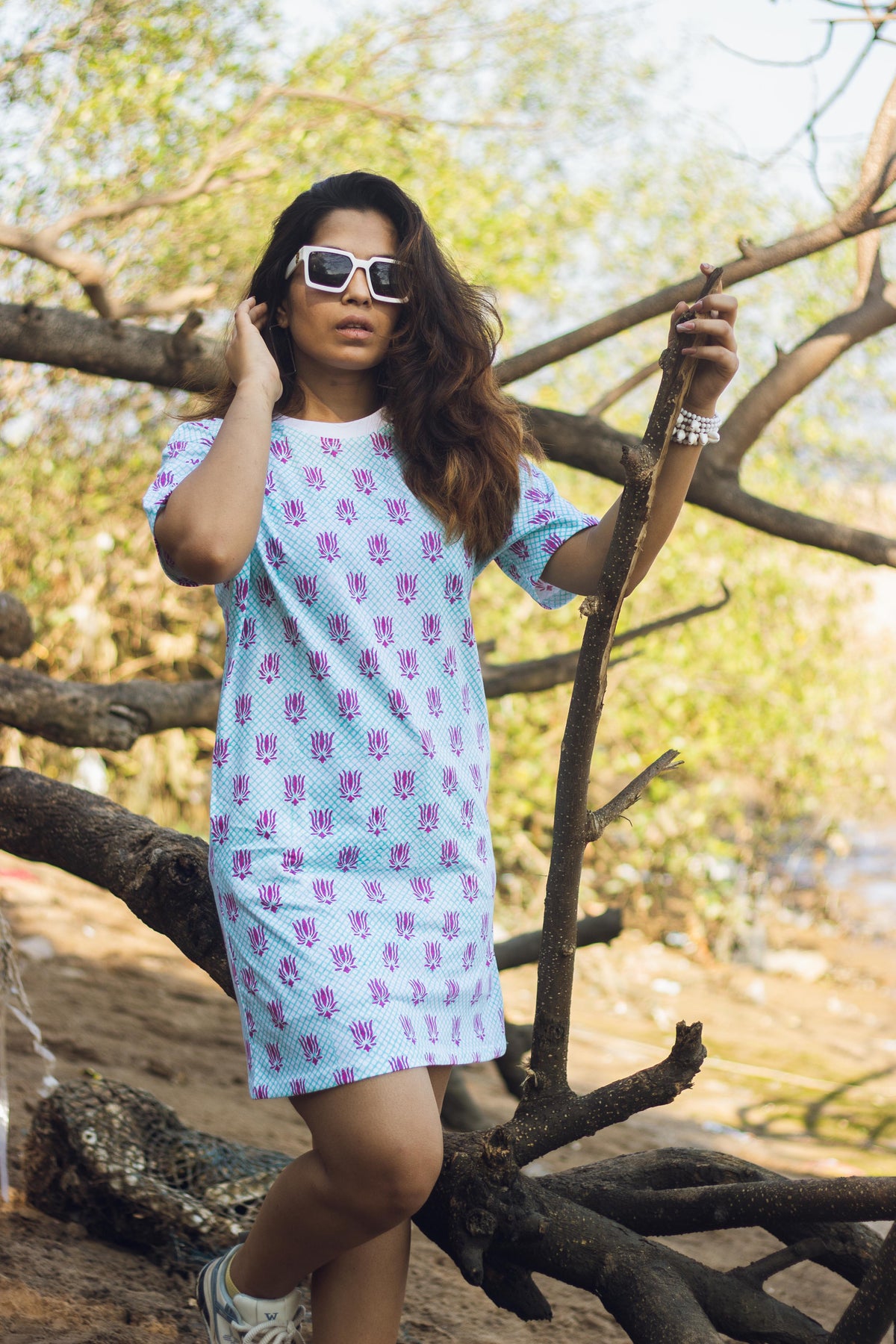 Block Printed T-shirt Dress - Lotus Checks-1