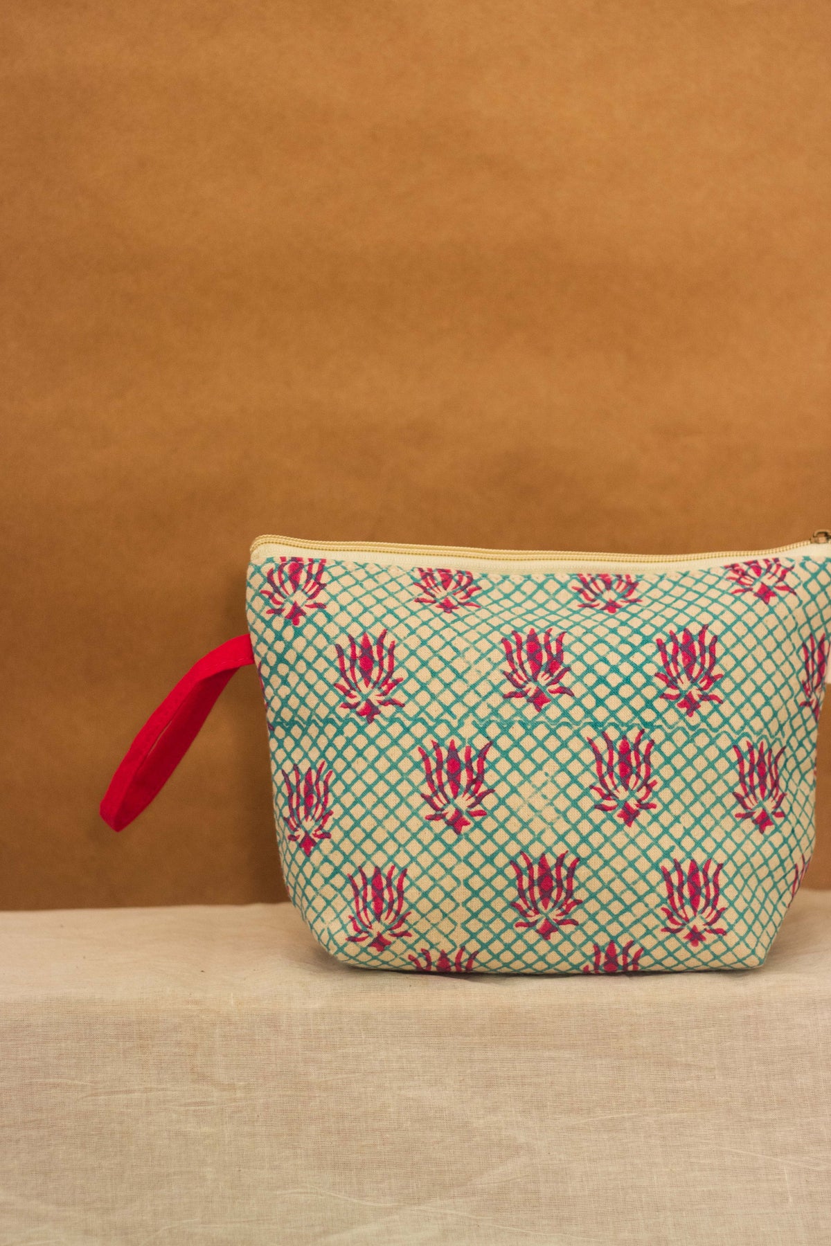 Cotton Pouch • Teal and Pink • Lotus Motif-3