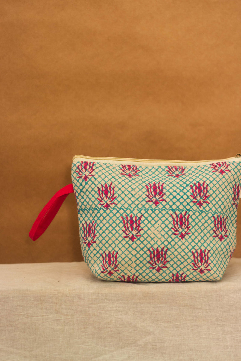 Cotton Pouch • Teal and Pink • Lotus Motif-3