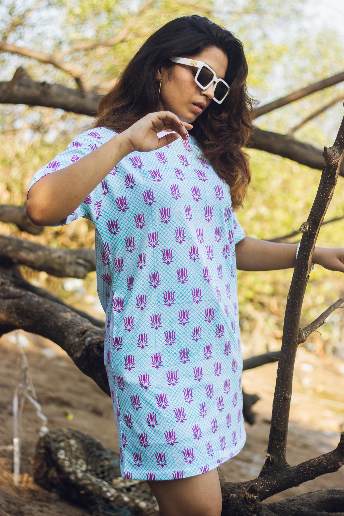 Block Printed T-shirt Dress - Lotus Checks-2