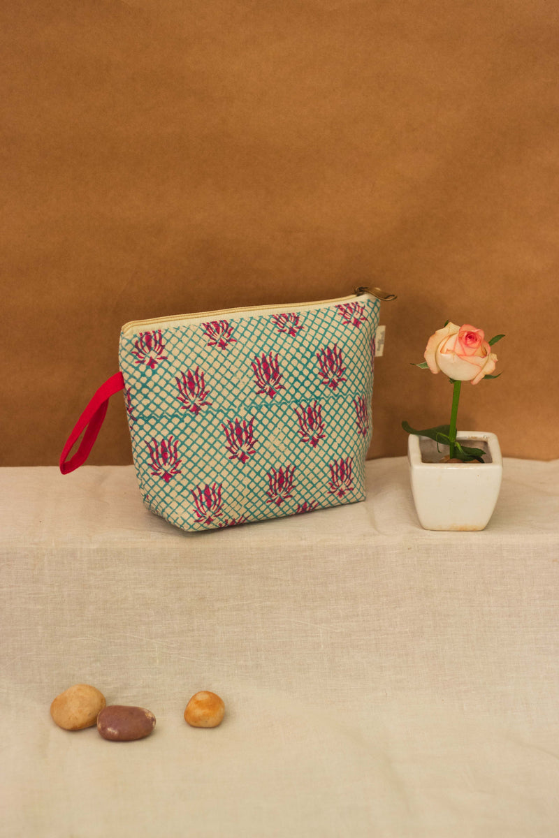 Cotton Pouch • Teal and Pink • Lotus Motif-4
