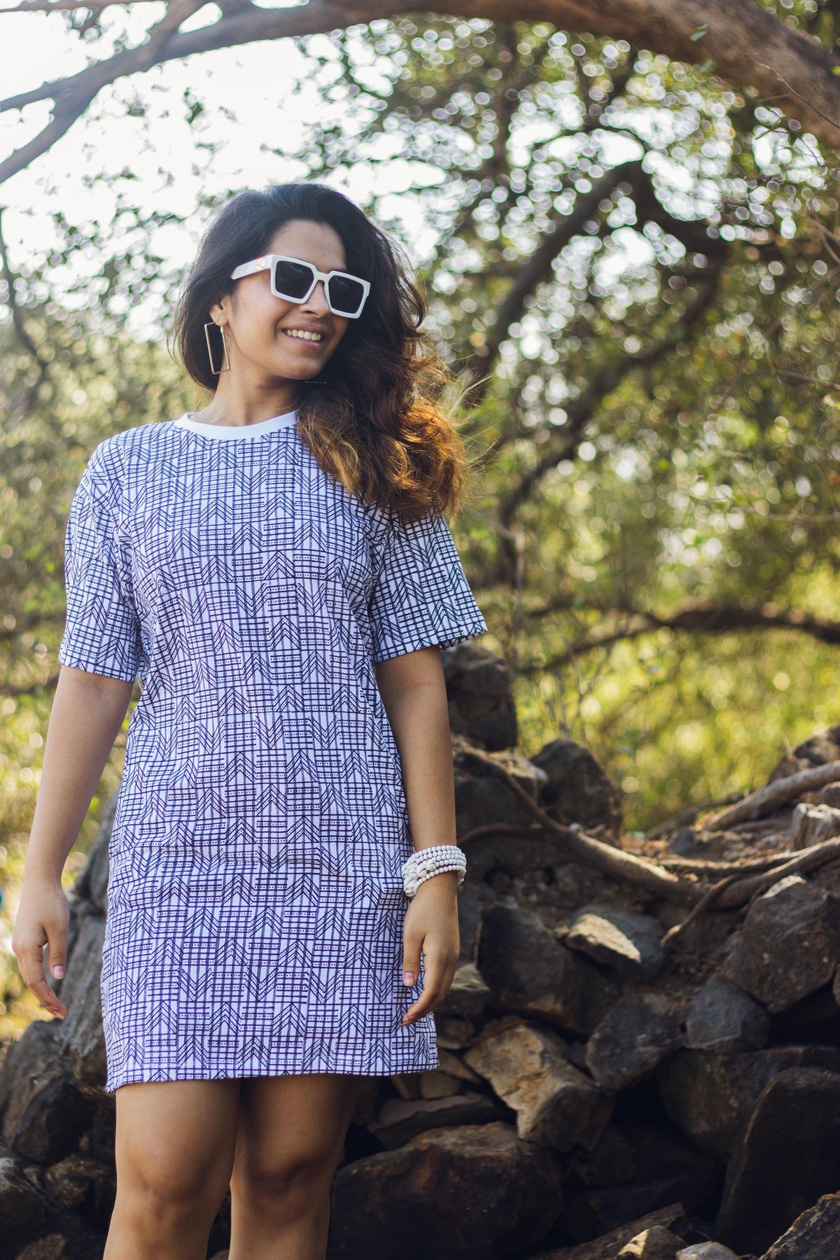 Block Printed T-shirt Dress - Geometric Print-2