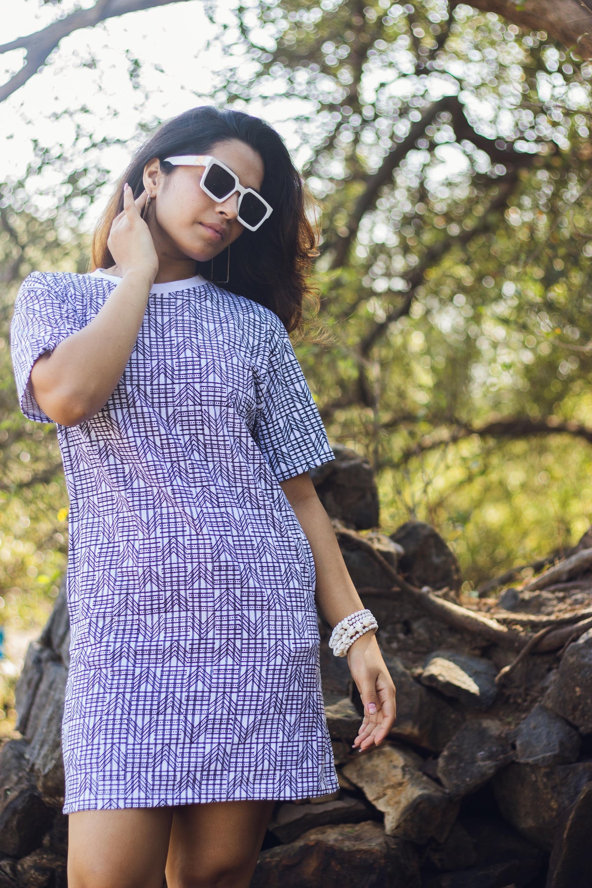 Block Printed T-shirt Dress - Geometric Print-4